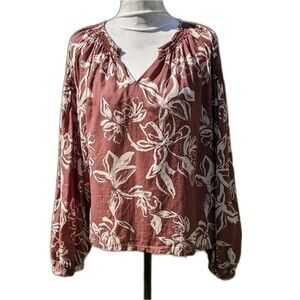 Cottagecore Floral Peasant Cotton Brown Blouse Top XXL